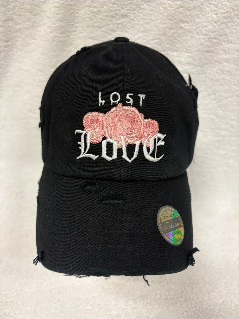 KBETHOS Black Distressed Baseball Cap with Pink Rose Embroidery os